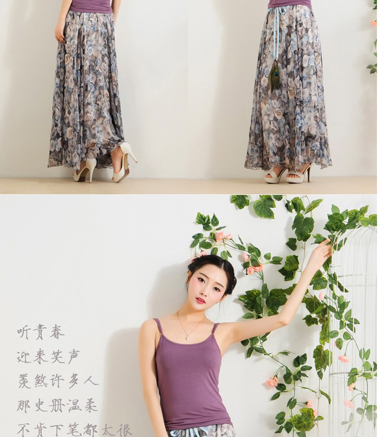迪龙斯克2015夏季新款女装半身长裙松紧带印花大摆雪纺波西米亚连衣裙沙滩裙 彼岸花开 L