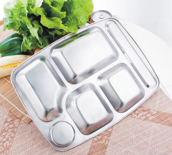 无磁不锈钢餐盘加厚快餐盒餐具学生盘快餐5格6格食堂托盘餐碗盘 6格