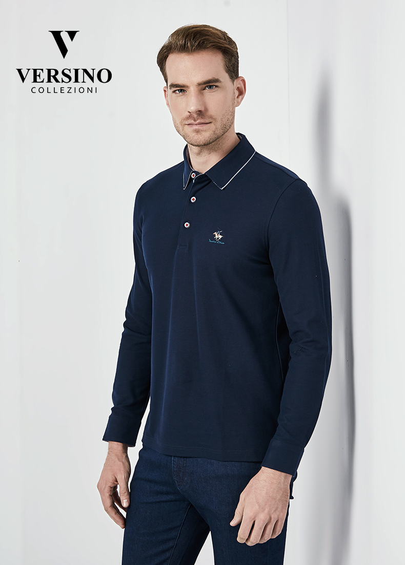 versino/梵思诺 男士t恤polo衫 秋冬新 纯棉长袖翻领商务打底 53v蓝色