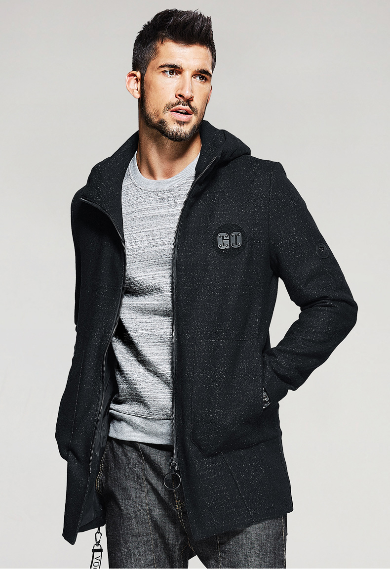 富贵鸟 正品男装男士毛呢大衣 男韩版中长款连帽羊毛呢子外套潮 黑色