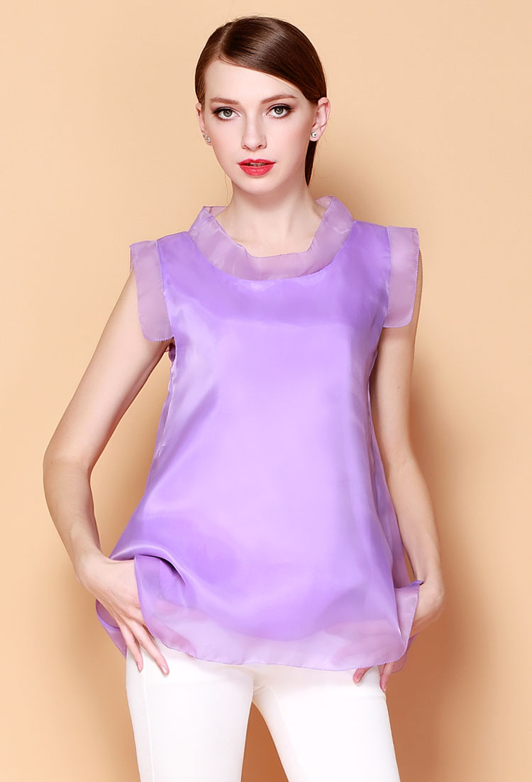 缺货onebuye 欧根纱女装上衣纯色宽松无袖雪纺女上衣 紫色 s