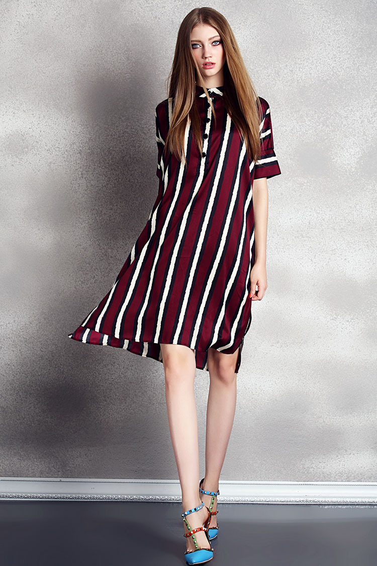 silkage 2015夏新款女装宽松时尚竖条纹短袖连衣裙气质长裙女送腰带