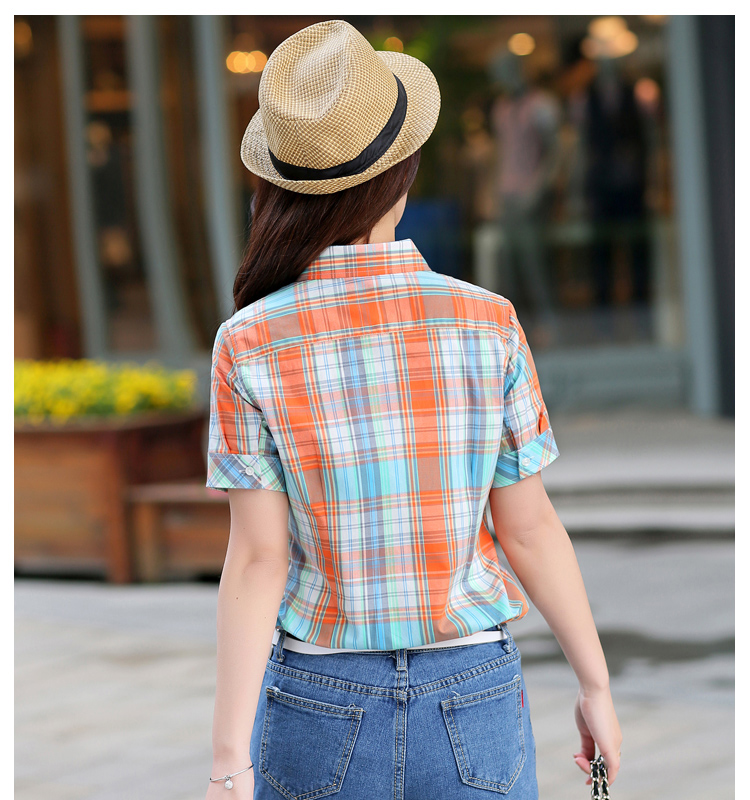 2015新款女装夏装短袖全纯棉格子大码百搭衬衫  20BS系列 2055BS XL