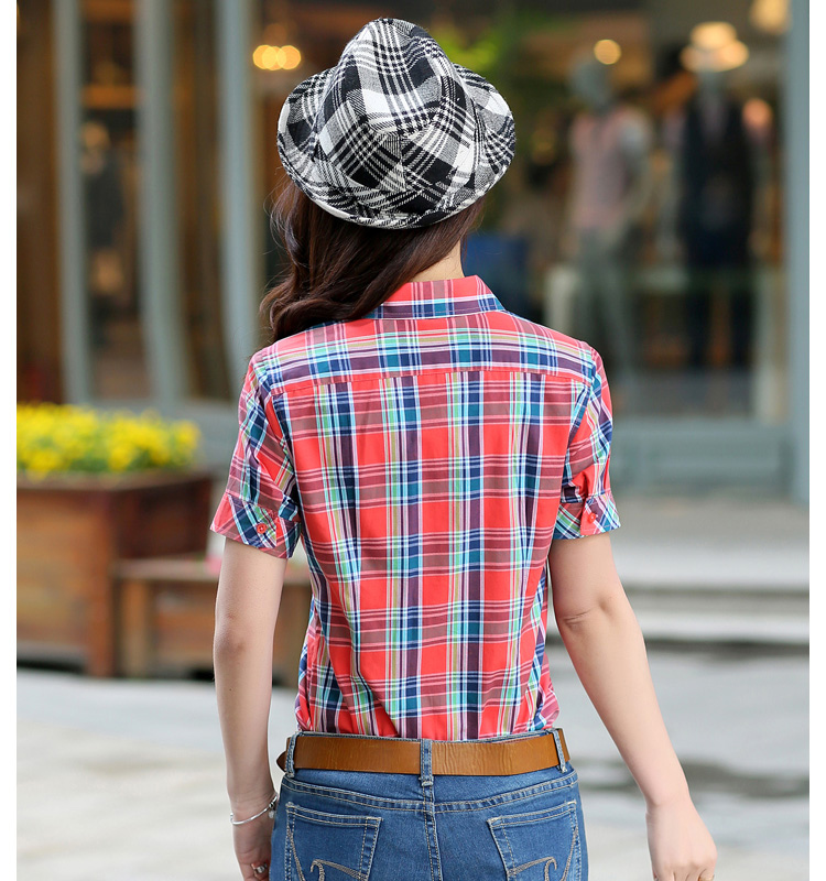 2015新款女装夏装短袖全纯棉格子大码百搭衬衫  20BS系列 2055BS XL