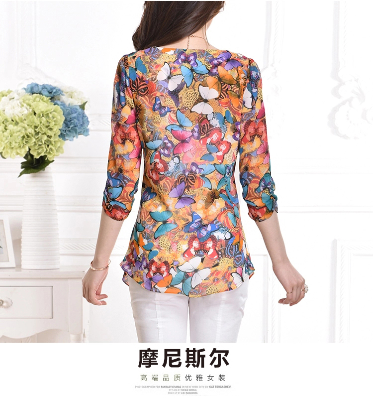 摩尼斯尔 初秋新品2016夏季新款中老年大码女装妈妈装七分袖印花打底雪纺衫上衣T恤女夏装 蝴蝶花色 XXL 显瘦版型 凉爽透气