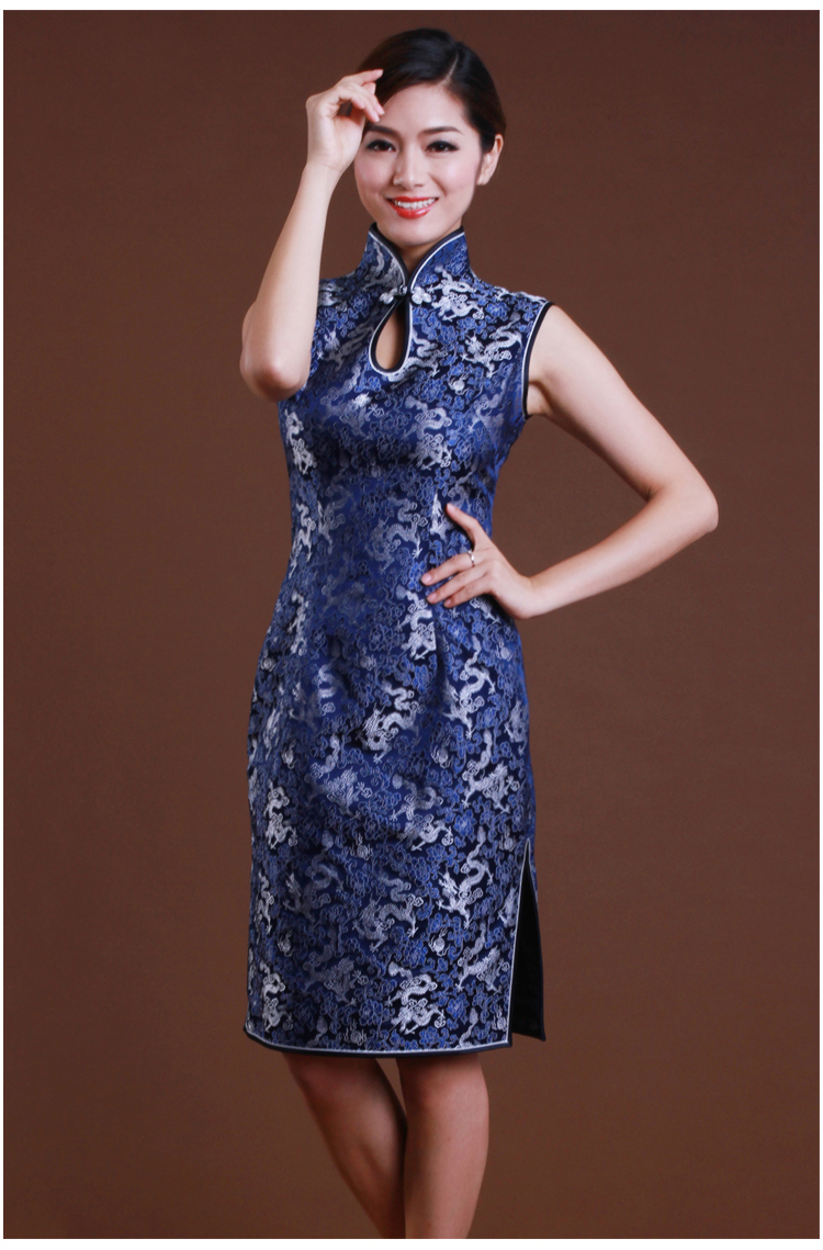 逸福旗袍织锦缎深蓝满地龙图案改良时尚款式量身定制10天发货蓝色l10