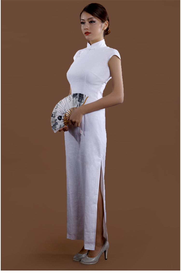 逸福春季新款白色棉麻日常旗袍裙长款修身立领斜襟复古女手工定制棉布