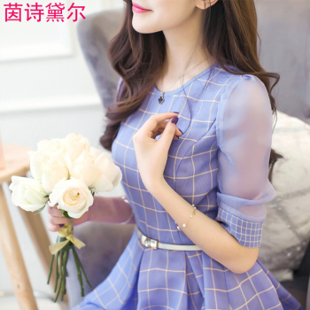 茵诗黛尔雪纺衫 蕾丝2015韩版修身女装小衫 雪纺衫 女 夏 短袖T恤女 中长款打底衫上衣 大红 XL