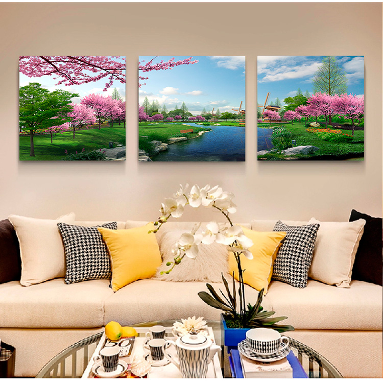 
                                        艺轩（YiXuan） 客厅装饰画沙发背景墙现代简约挂画风景山水画冰晶壁画无框三联墙画 秋景  天空带飞鸟 50*50 15MM布纹膜                