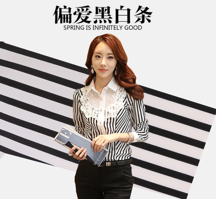 曼娜雷帝 2015春装新款蕾丝雪纺衬衫女装长袖 条纹 M