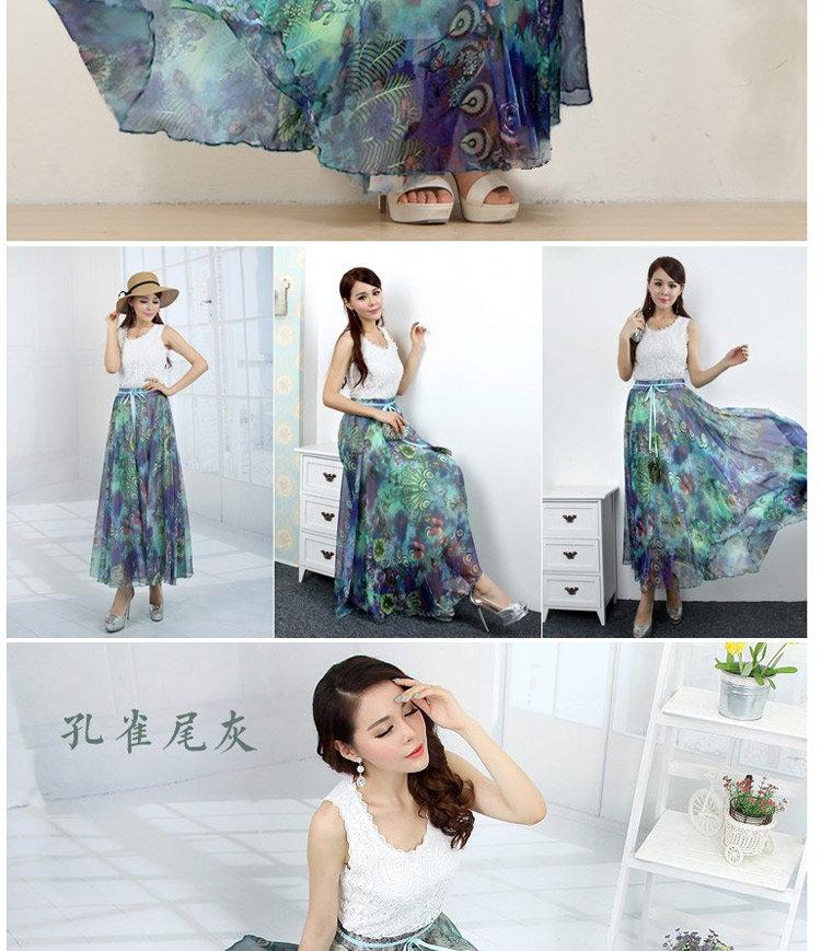 迪龙斯克2015夏季新款女装半身长裙松紧带印花大摆雪纺波西米亚连衣裙沙滩裙 彼岸花开 L