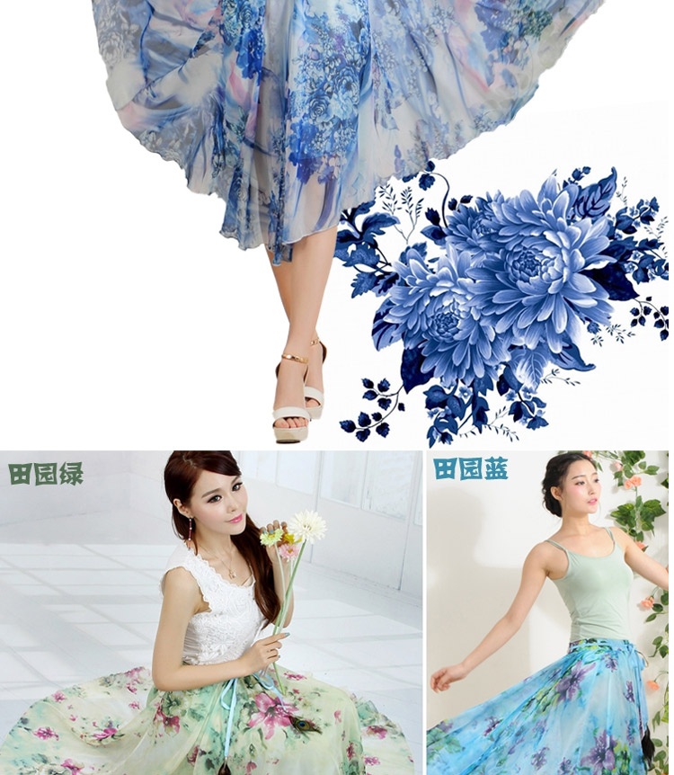 迪龙斯克2015夏季新款女装半身长裙松紧带印花大摆雪纺波西米亚连衣裙沙滩裙 彼岸花开 L