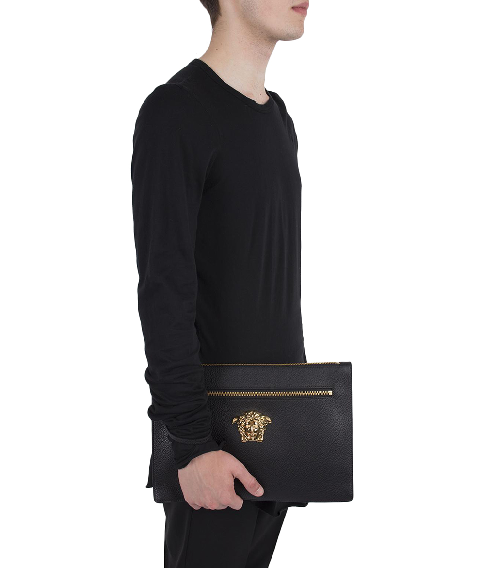 versace 范思哲男包 手拿包 黑色尼龙皮革金色美杜莎金属头像手包男