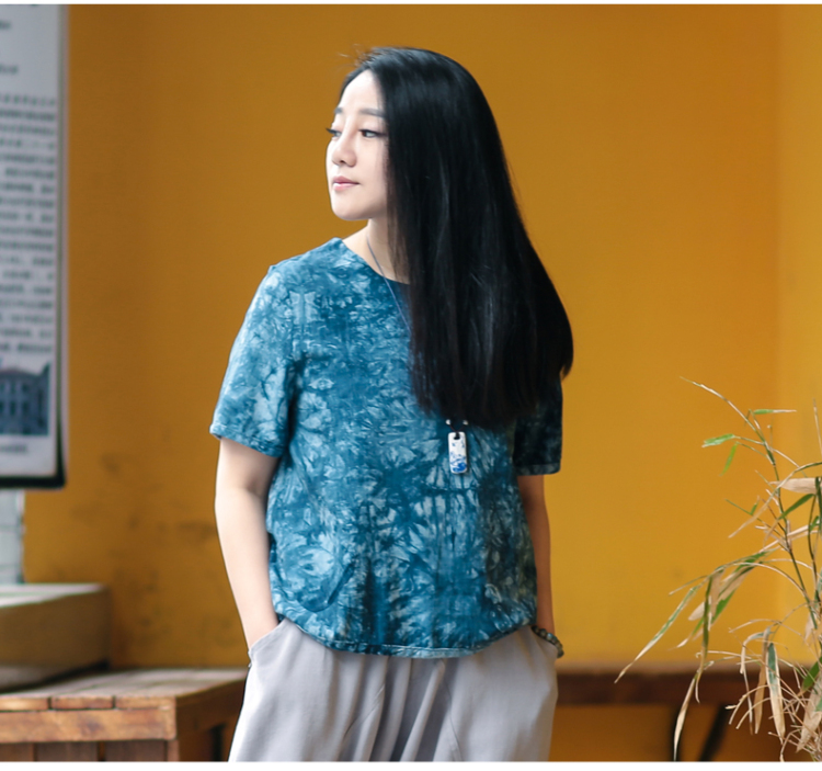 子牧棉麻原创2015夏季新品宽松短袖t恤女民族风印花圆领上衣1539玫红