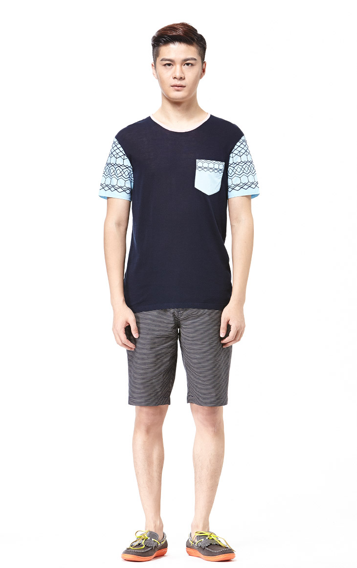 卡宾cabbeen 2015夏季新款 男士套头纯棉拼接短袖针织线衫b