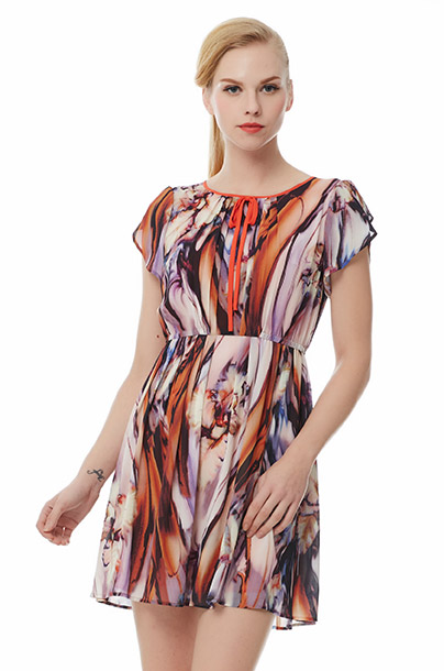 凯撒kaiser 春夏款女装 简约印花抽象图案雪纺中裙宽松大码连衣裙kfwb