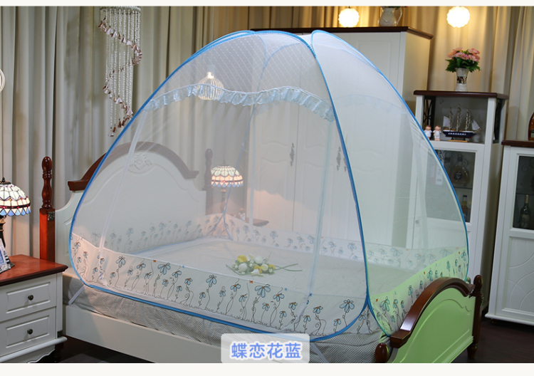 
                                        含羞精灵 免安装蒙古包拉链蚊帐钢丝折叠圆顶蚊帐1 5米 花仙子蓝色-有底 1.5米床                