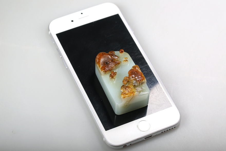 和田玉枣红皮印章 山水 76克 王石玉铺