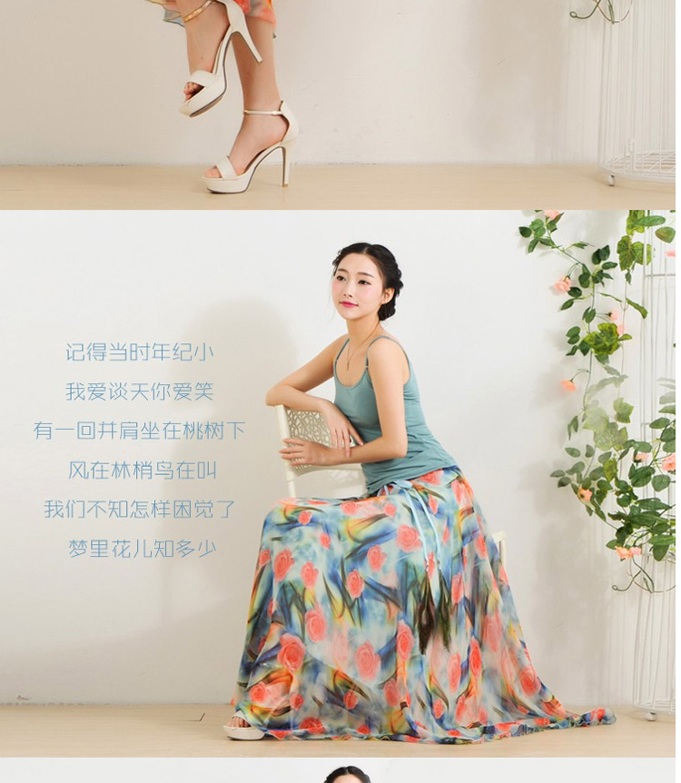 迪龙斯克2015夏季新款女装半身长裙松紧带印花大摆雪纺波西米亚连衣裙沙滩裙 彼岸花开 L