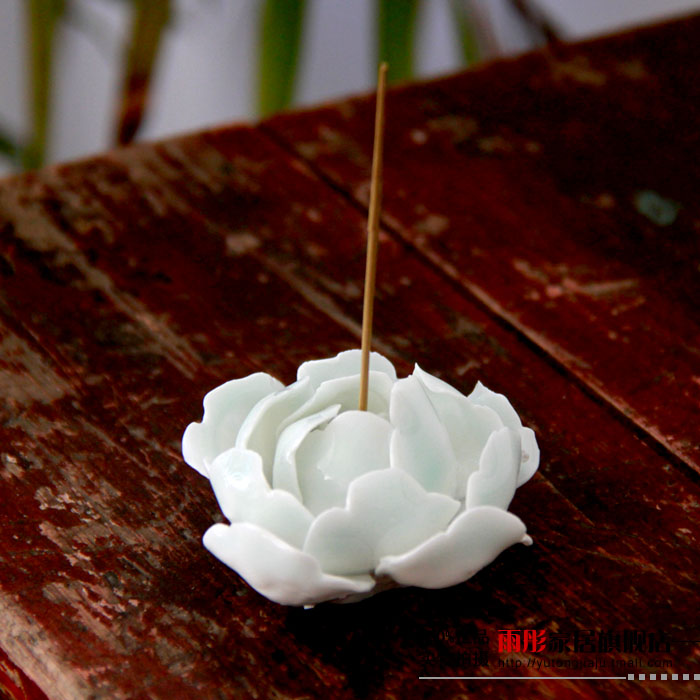 雨彤家居|纯手工粗陶青釉迷你牡丹花香插香薰香炉两款入单款售卖 单个影青色
