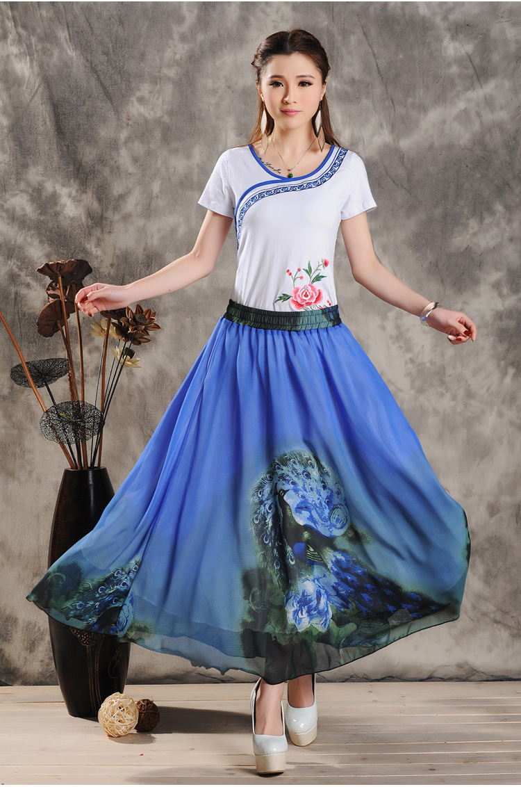 美岱悦 2015春夏新款女装民族风大摆裙 孔雀雪纺印花半身裙松紧腰裙女