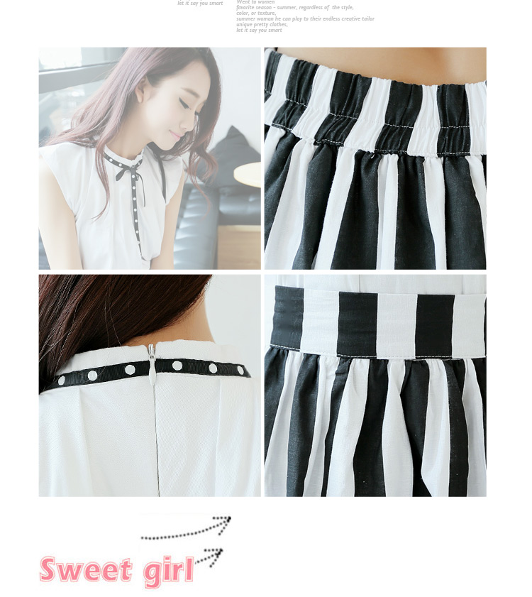 
                                        圣豪兰 2018夏装新品新款甜美两件套无袖蝴蝶结套裙条纹百褶女套装裙 图片色 S                