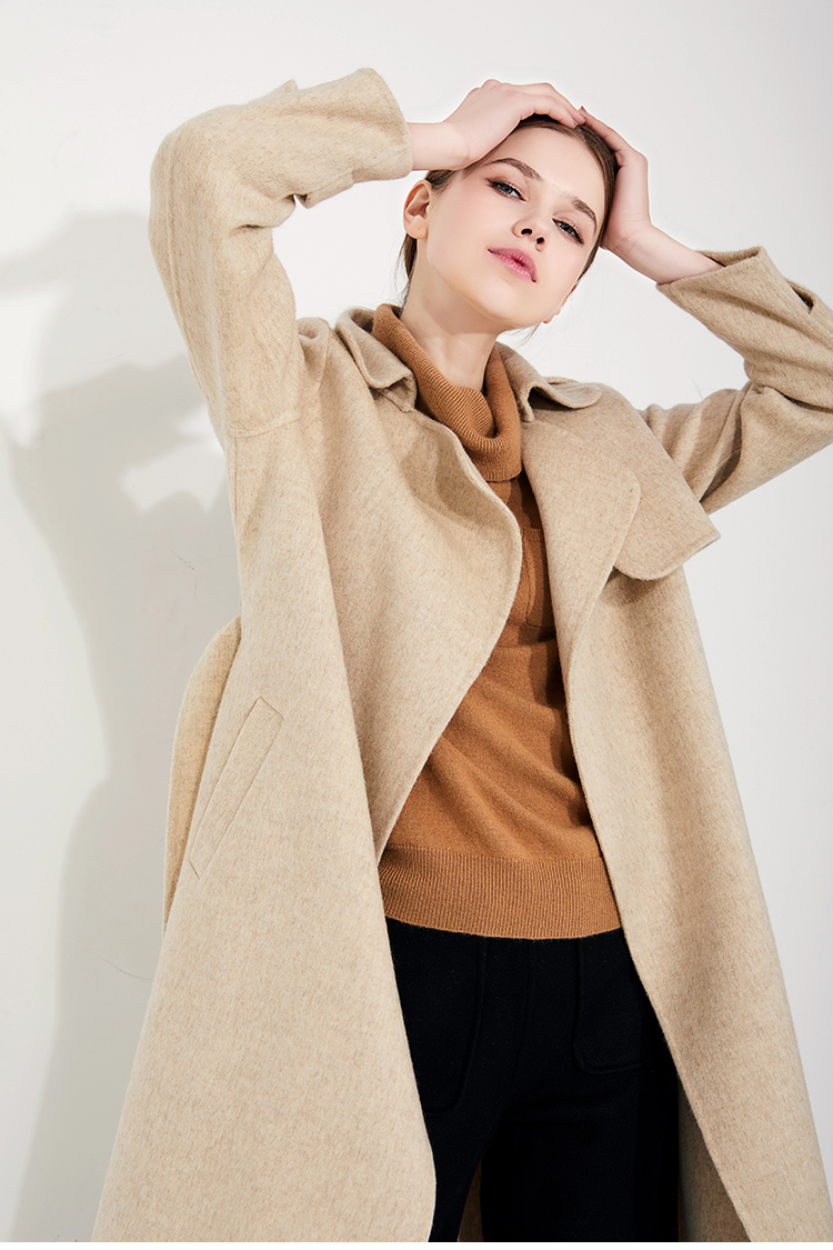 羊驼绒冬季新款米驼色韩版宽松系带手工双面呢外套v531 浅杏色 m