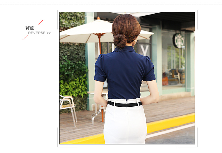 
                                        梵琳希 2017夏季短袖OL通勤衬衫套裙职业装女装衬衣套装女电信办公室工作服女 深蓝色衬衫+白半裙 S                