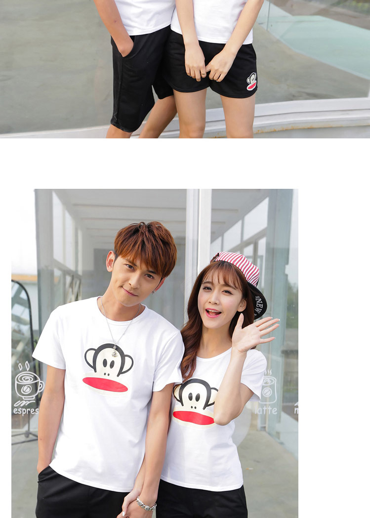 鸥梵珂2015夏装新款韩版情侣装大嘴猴情侣t恤沙滩短裤套装女 红衣 黑