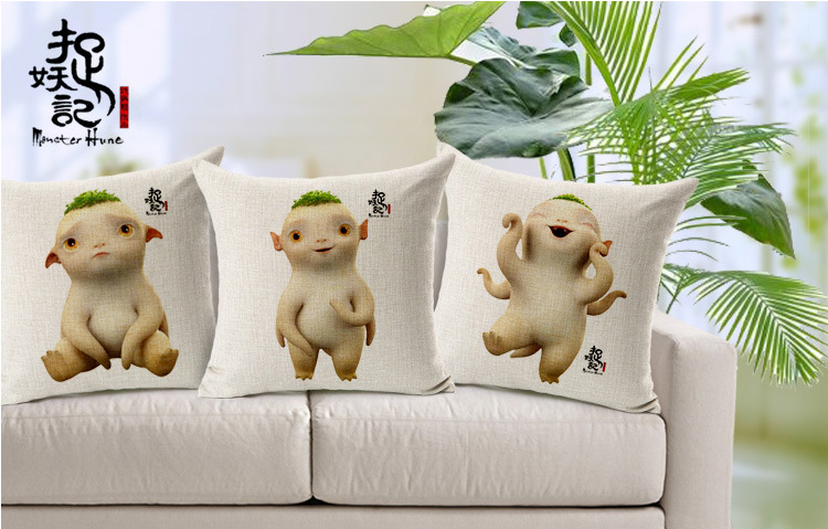 欧莱缦 捉妖记Monster小萌妖胡巴棉麻抱枕沙发靠垫 胡巴撅嘴 45*45cm