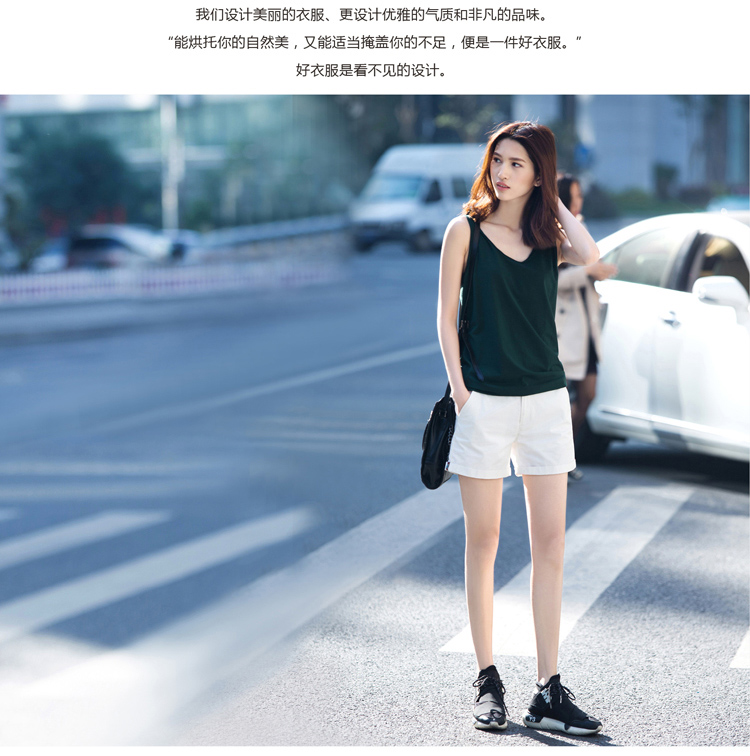 Amii【极简主义】夏新品帅气织带装饰折边纯棉大码休闲短裤女11540395 米白 S