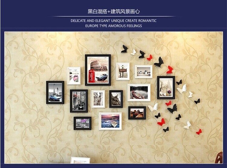 
                                        相框照片墙组合相框架相片墙油画装饰画客厅卧室画相册墙贴画框实木蝴蝶组合JHX-HD-9(a 黑白红三色混搭+插画画心                