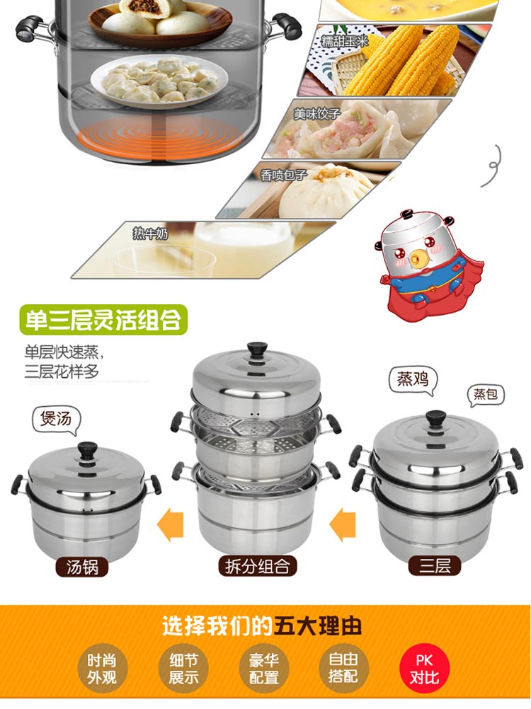 
                                        美家厨帮（MeiJiaChuBang） 30cm加厚蒸锅不锈钢3层三层蒸笼屉蒸馒头蒸鱼煤气电磁炉通用                