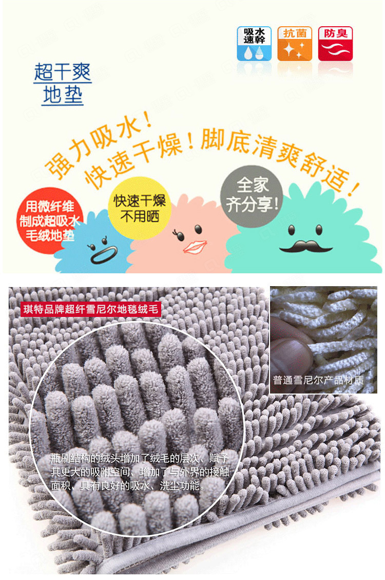 （买一送一）琪特 超纤雪尼尔地垫门垫脚垫客厅防滑吸水垫 浅灰色 40x60cm