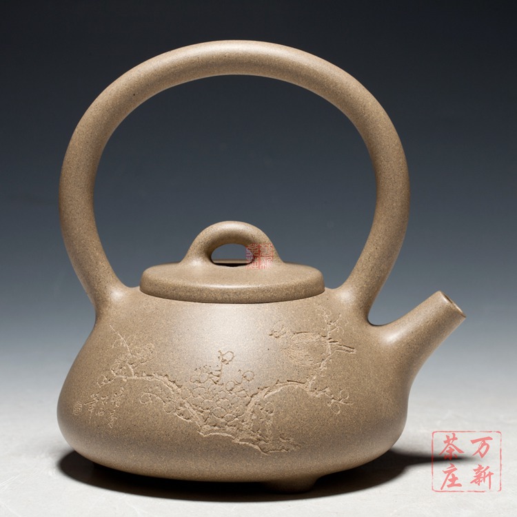 宜兴紫砂壶 木石雕刻 王平制 全手工 曼生十八式之【石瓢提梁壶】