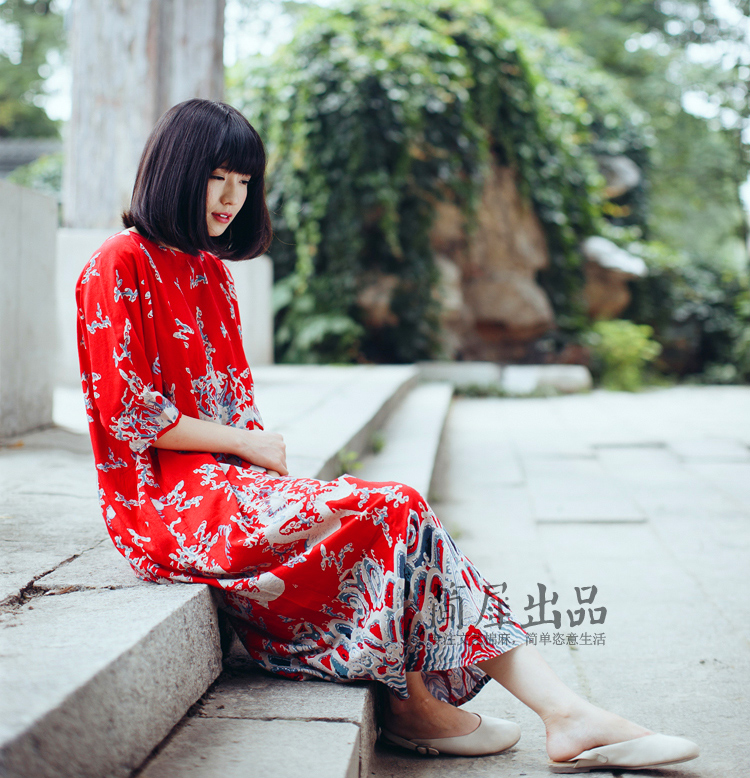 简犀 【特价促】棉麻长裙2016秋装新款文艺女民族风宽松大码五分袖长袍子连衣裙 红色 均码
