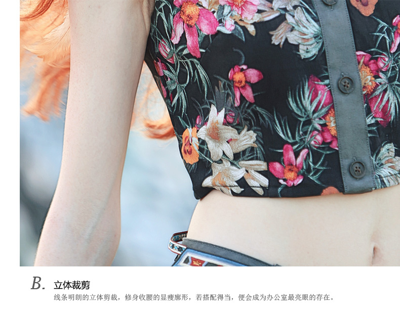 迷阵2015夏季新款原创女民族风复古短款拼接做旧印花衬衫 花色 S现货