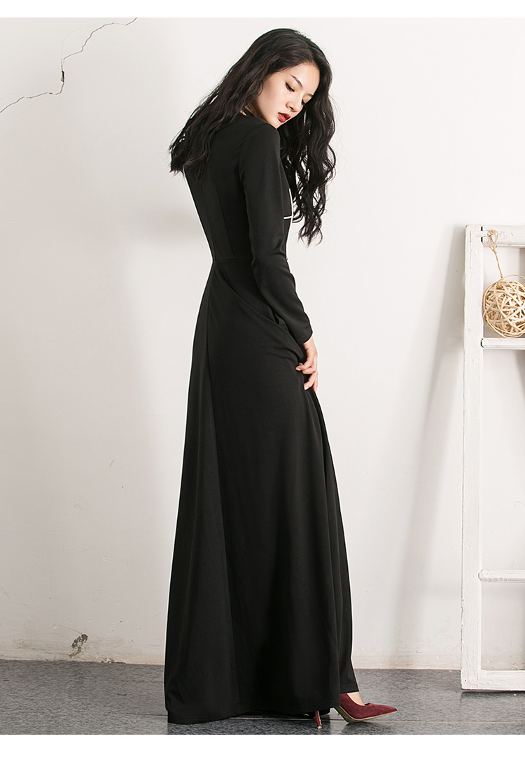 威娅纪黑色连衣裙2018春秋复古圆领气质名媛打底长袖拖地长裙 神秘黑