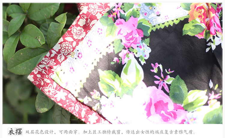 乱在江南春秋款民族风长款风衣女立领盘扣长款水洗碎花棉麻外套 藏青色 均码