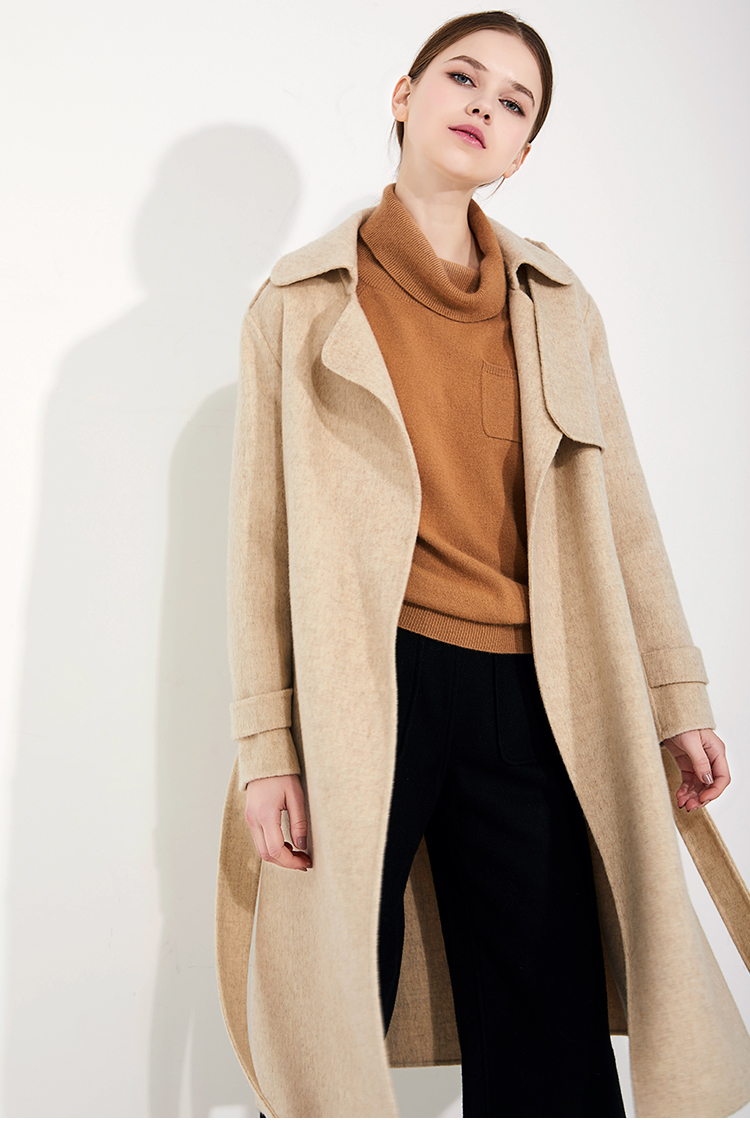 羊驼绒冬季新款米驼色韩版宽松系带手工双面呢外套v531 浅杏色 m