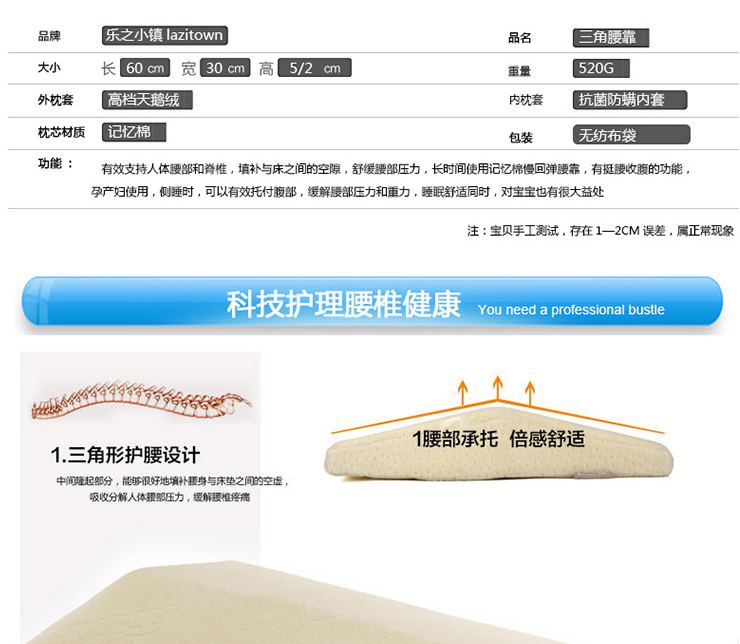 
                                        乐之小镇 记忆棉腰枕 三角靠垫靠枕 缓解腰部疲劳腰靠 孕妇用的腰垫 藏青色                