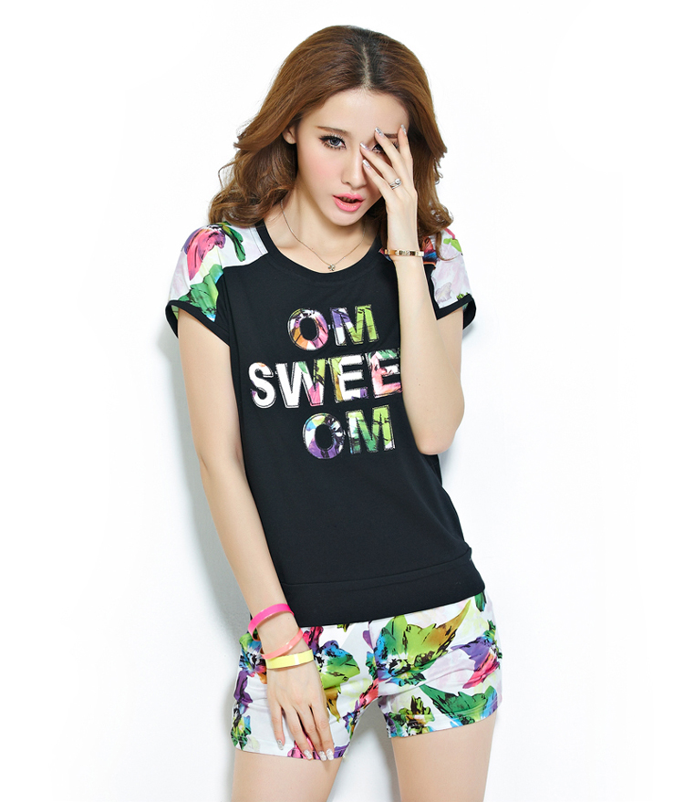 艾姿艾2015上衣加短裤套装名媛潮印花半袖时尚版运动套装俩件套女装 t