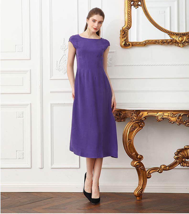 voa衣服女原创杭州真丝连衣裙桑蚕丝重磅熏衣紫34姆米圆领包肩无袖自