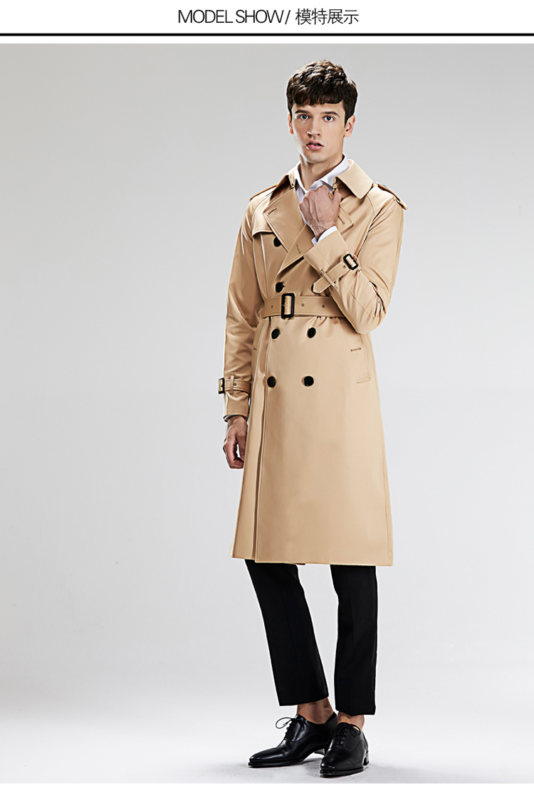 梦断廊桥ursmart秋冬新品双排扣男士风衣长款束腰修身男风衣 黑色