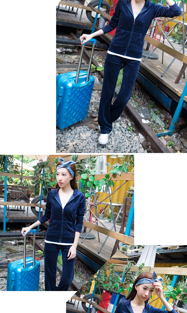 衣思凡 休闲套装女款晨练服显瘦两件套运动套装金丝绒天鹅绒女装6801 玫红 M(修身款建议买大一码 )