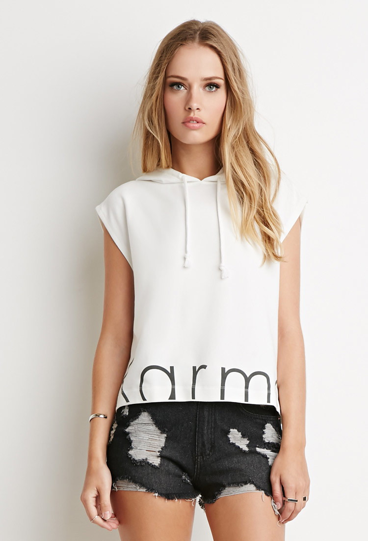 forever21 宽松字母短款连帽无袖t恤 奶油色/黑色 l