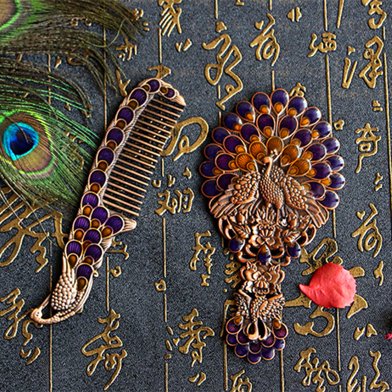 重熙金属孔雀小镜台式带手柄中国特色传统工艺小礼品便携折叠式镜