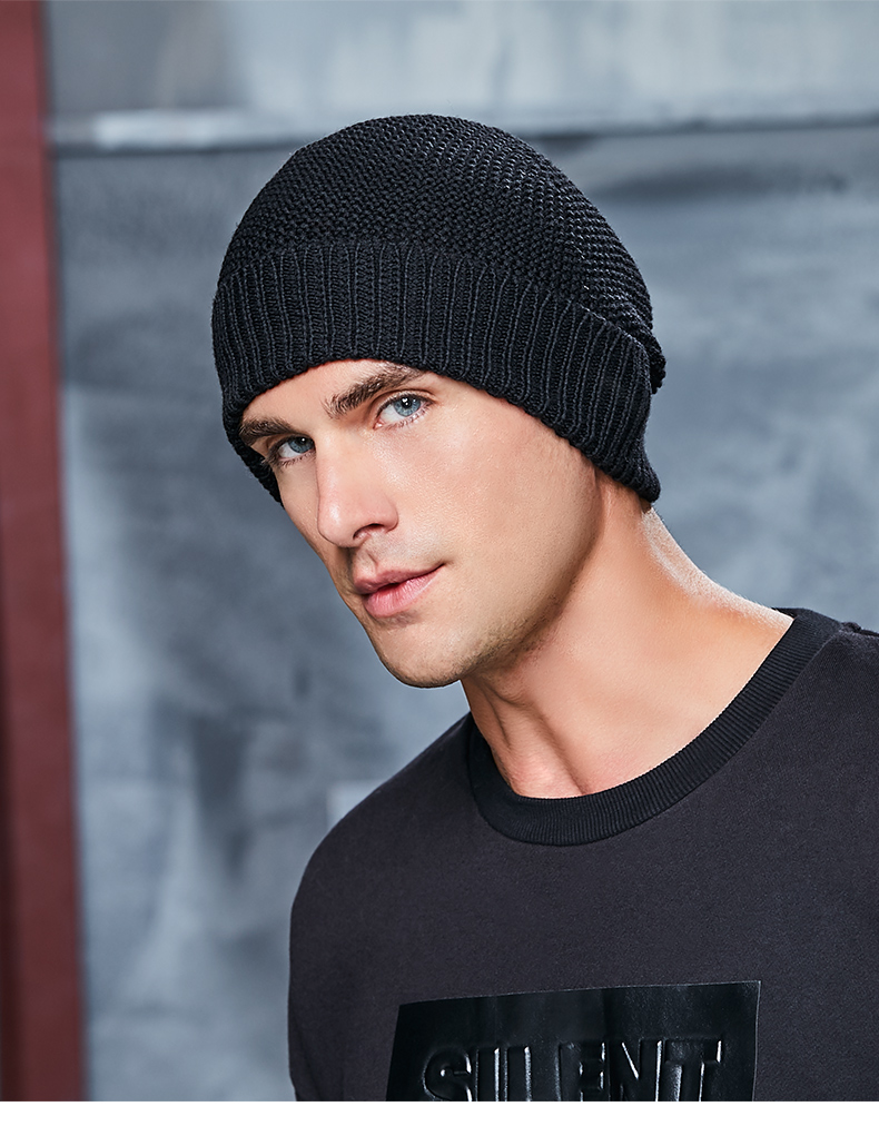 全羊毛针织帽纯色套头帽子男士冬天毛线帽欧美后托堆堆包头帽9103黑色