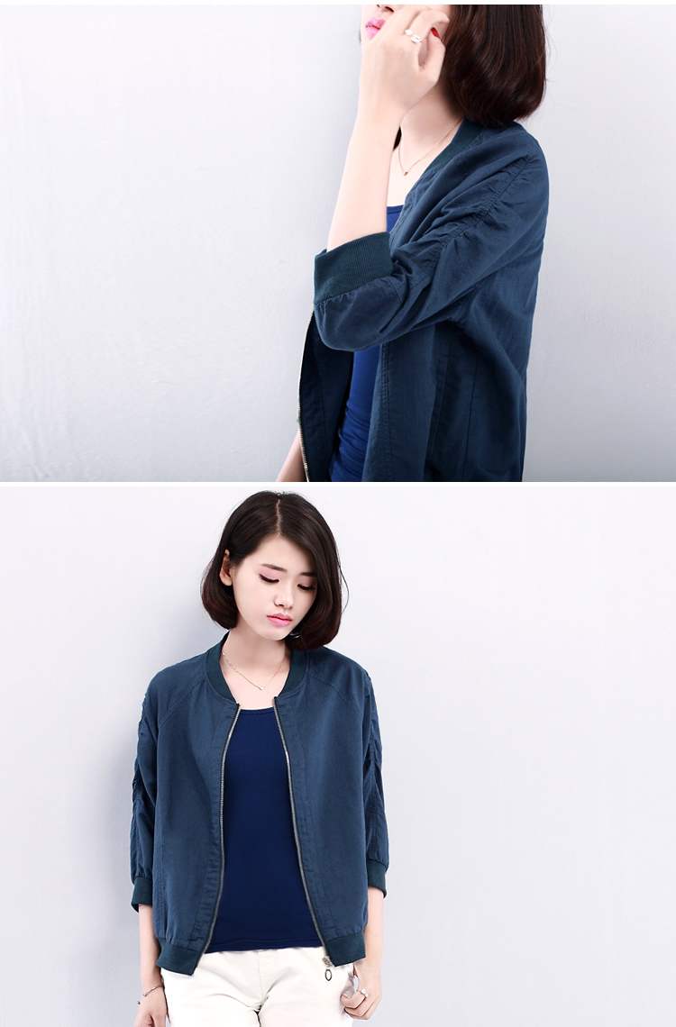 短外套女2016春装韩版宽松棉麻七分袖休闲棒球服薄开衫 蓝色 M