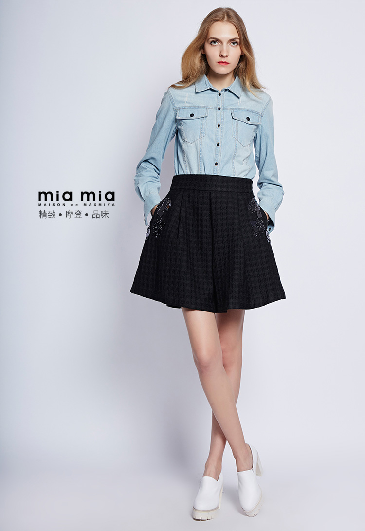miamia2015秋季新品欧美风纯棉方领水洗牛仔女式长袖宽松休闲衬衫842537 蓝色 M/38